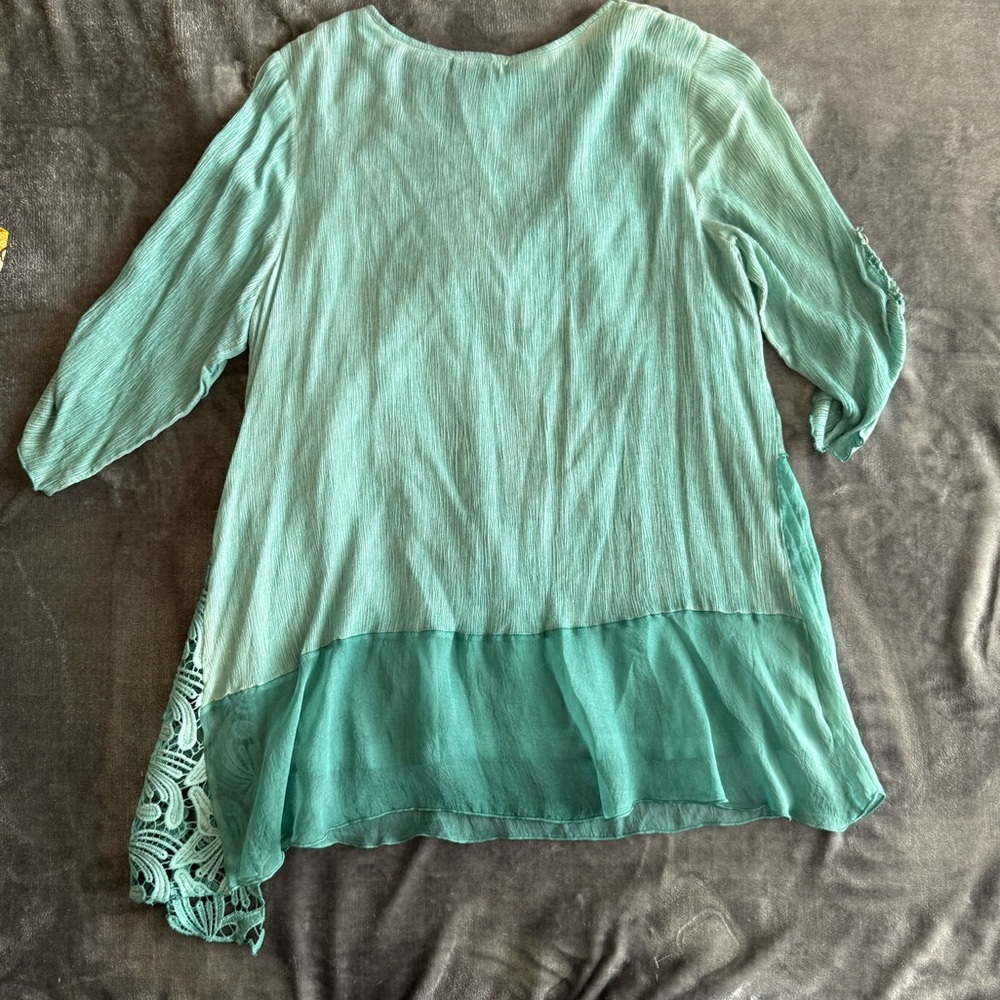 Feratelli Teal Crochet Lace Asymmetrical Chiffon Tunic XL Floral Fairy Grunge - Picture 8 of 8